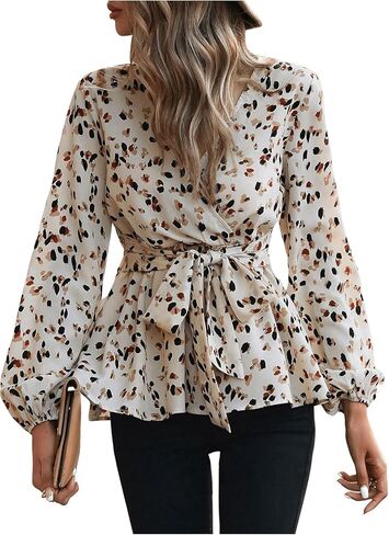 SHENHE Women's Lantern Sleeve V Neck Wrap Blouse Belted Ruffle Hem Dressy Peplum Blouse Top in Saudi Arabia