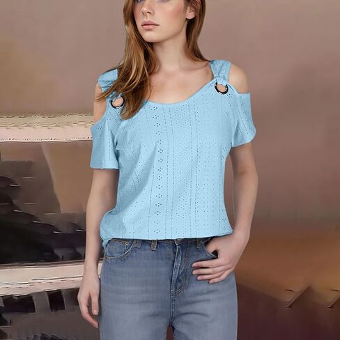 Eyelet Tops for Women 2026 Trendy Summer Cold Shoulder Blouses Casual Loose V Neck Shorts Sleeve Shirts in Saudi Arabia