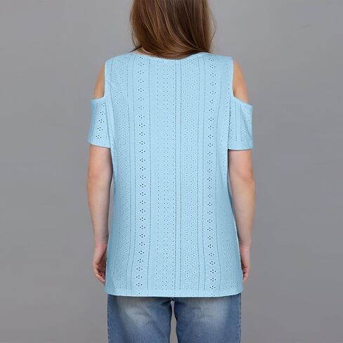 Eyelet Tops for Women 2026 Trendy Summer Cold Shoulder Blouses Casual Loose V Neck Shorts Sleeve Shirts in Saudi Arabia