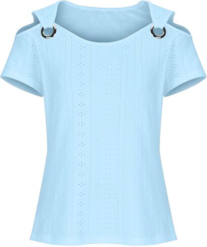 Eyelet Tops for Women 2026 Trendy Summer Cold Shoulder Blouses Casual Loose V Neck Shorts Sleeve Shirts in Saudi Arabia