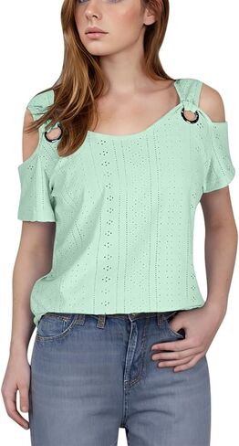 Eyelet Tops for Women 2026 Trendy Summer Cold Shoulder Blouses Casual Loose V Neck Shorts Sleeve Shirts in Kuwait