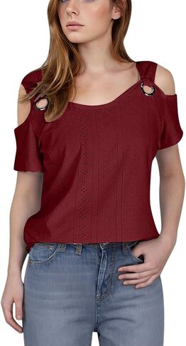 Eyelet Tops for Women 2026 Trendy Summer Cold Shoulder Blouses Casual Loose V Neck Shorts Sleeve Shirts in Saudi Arabia