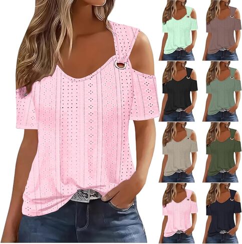 Eyelet Tops for Women 2026 Trendy Summer Cold Shoulder Blouses Casual Loose V Neck Shorts Sleeve Shirts in Saudi Arabia