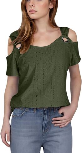 Eyelet Tops for Women 2026 Trendy Summer Cold Shoulder Blouses Casual Loose V Neck Shorts Sleeve Shirts in Saudi Arabia