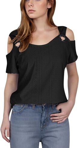 Eyelet Tops for Women 2026 Trendy Summer Cold Shoulder Blouses Casual Loose V Neck Shorts Sleeve Shirts in Saudi Arabia