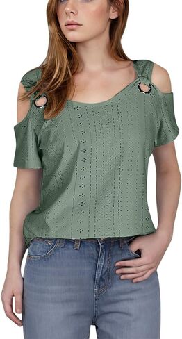 Eyelet Tops for Women 2026 Trendy Summer Cold Shoulder Blouses Casual Loose V Neck Shorts Sleeve Shirts in Saudi Arabia