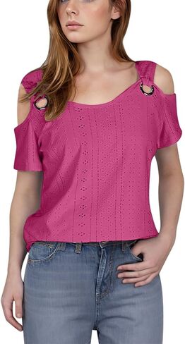 Eyelet Tops for Women 2026 Trendy Summer Cold Shoulder Blouses Casual Loose V Neck Shorts Sleeve Shirts in Saudi Arabia