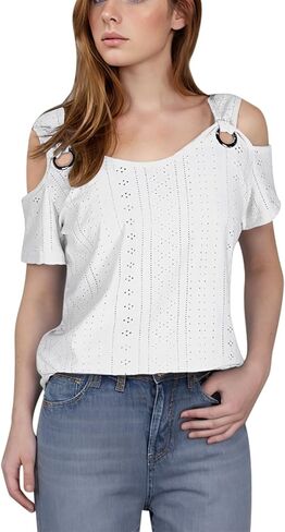 Eyelet Tops for Women 2026 Trendy Summer Cold Shoulder Blouses Casual Loose V Neck Shorts Sleeve Shirts in Saudi Arabia