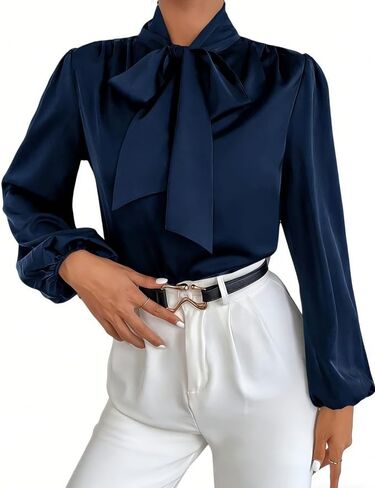 Women's Satin Long-Sleeve Shirt with Bow, Designer Puff Sleeve Top, Gentle and Elegant Blouse in Saudi Arabia