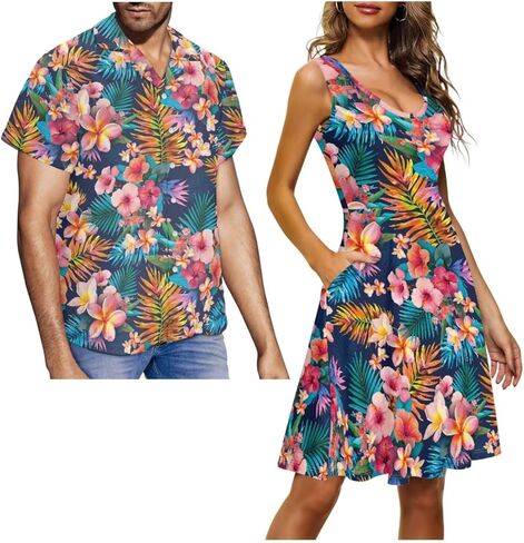 Couples Matching Outfits, Womens Dresses Sleeveless Flowy Dress Button Down Shirt Men Short Sleeve Shirts in Kuwait