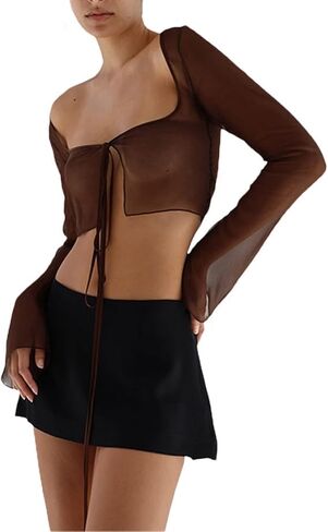Women Tie Front Cardigan Y2K Sheer Mesh Square Neck Long Sleeve Top Coquette Beach Cover Up Lightweight Fairycore in Saudi Arabia