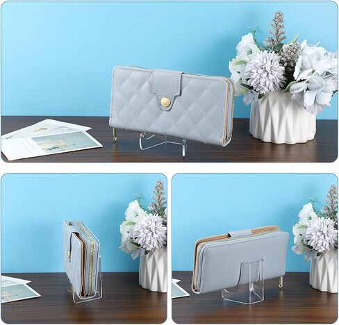 JUXYES 3 Pack Acrylic Wallet Display Holder Stands, Portable Easels Display Stand Clear Plate Display Rack for Boutique, Retail Countertop Acrylic Display Stand for Hand Purse, Wallet, Photos, Book in Saudi Arabia