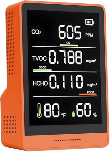 جهاز مراقبة جودة الهواء الداخلي الاحترافي 5 في 1، جهاز مراقبة ثاني أكسيد الكربون المحمول الداخلي | درجة الحرارة | كاشف الفورمالديهايد | الرطوبة TVOC | جهاز اختبار جودة الهواء - جهاز مراقبة الهواء النظيف في الأماكن المحصورة باللون الأسود in Kuwait