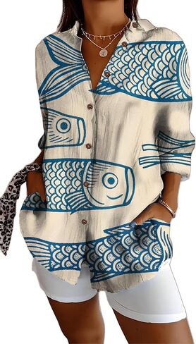Womens Tops Long Sleeve Shirts Casual Botton Down Floral Printed V Neck Collared Dressy Blouses L Blue Fish in Kuwait