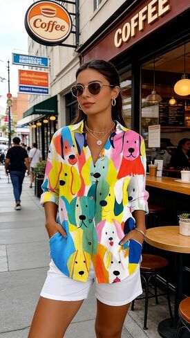 Womens Tops Long Sleeve Shirts Casual Botton Down Floral Printed V Neck Collared Dressy Blouses L Blue Fish in Kuwait