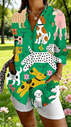 Womens Tops Long Sleeve Shirts Casual Botton Down Floral Printed V Neck Collared Dressy Blouses L Blue Fish in Kuwait