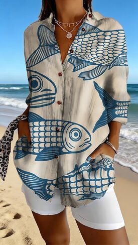 Womens Tops Long Sleeve Shirts Casual Botton Down Floral Printed V Neck Collared Dressy Blouses L Blue Fish in Kuwait