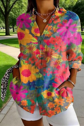 Womens Tops Long Sleeve Shirts Casual Botton Down Floral Printed V Neck Collared Dressy Blouses L Blue Fish in Kuwait