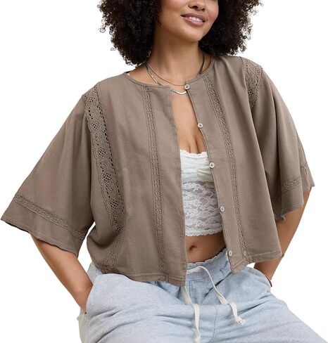Lentta Womens Casual Crochet Cardigan Half Sleeve Button Down Cotton Top Summer Lightweight Blouse in Saudi Arabia