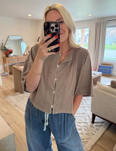 Lentta Womens Casual Crochet Cardigan Half Sleeve Button Down Cotton Top Summer Lightweight Blouse in Saudi Arabia