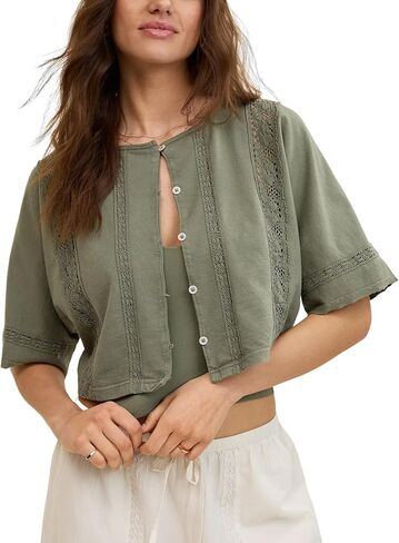 Lentta Womens Casual Crochet Cardigan Half Sleeve Button Down Cotton Top Summer Lightweight Blouse in Kuwait