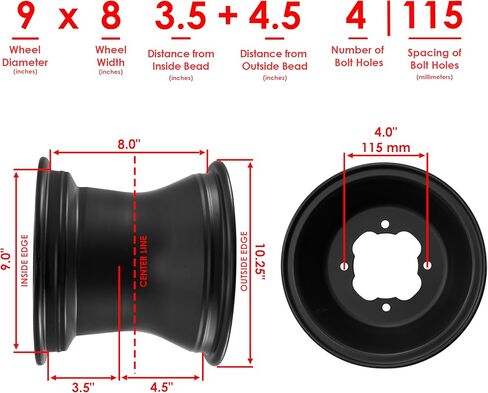 Caltric 9" x 8" 9x8 inch 4/115 Bolt Pattern 3.5+4.5 Offset Rear Wheel Rim Compatible with Yamaha Qty 2 in Saudi Arabia