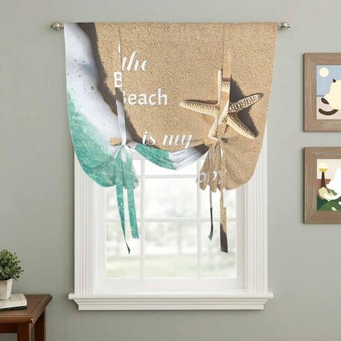 Blue Ocean Tie Up Curtains for Window, Beige Starfish Beach Sunshine Text Thermal Insulated Balloon Shade Adjustable Rod Pocket Curtains Valance Panels for Kitchen Bathroom Café 42'' x 45'' in Saudi Arabia