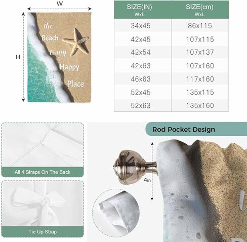 Blue Ocean Tie Up Curtains for Window, Beige Starfish Beach Sunshine Text Thermal Insulated Balloon Shade Adjustable Rod Pocket Curtains Valance Panels for Kitchen Bathroom Café 42'' x 45'' in Saudi Arabia