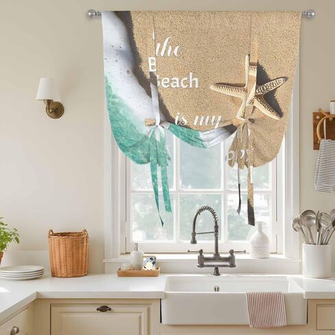 Blue Ocean Tie Up Curtains for Window, Beige Starfish Beach Sunshine Text Thermal Insulated Balloon Shade Adjustable Rod Pocket Curtains Valance Panels for Kitchen Bathroom Café 42'' x 45'' in Saudi Arabia