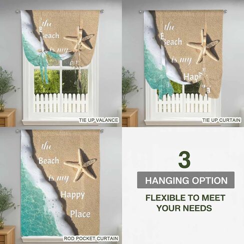 Blue Ocean Tie Up Curtains for Window, Beige Starfish Beach Sunshine Text Thermal Insulated Balloon Shade Adjustable Rod Pocket Curtains Valance Panels for Kitchen Bathroom Café 42'' x 45'' in Saudi Arabia