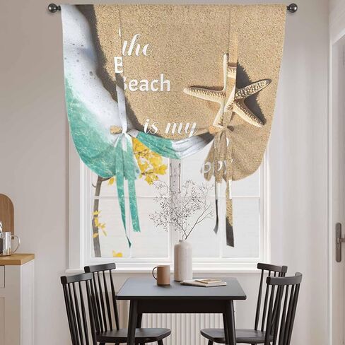 Blue Ocean Tie Up Curtains for Window, Beige Starfish Beach Sunshine Text Thermal Insulated Balloon Shade Adjustable Rod Pocket Curtains Valance Panels for Kitchen Bathroom Café 42'' x 45'' in Saudi Arabia