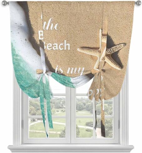 Blue Ocean Tie Up Curtains for Window, Beige Starfish Beach Sunshine Text Thermal Insulated Balloon Shade Adjustable Rod Pocket Curtains Valance Panels for Kitchen Bathroom Café 42'' x 45'' in Saudi Arabia