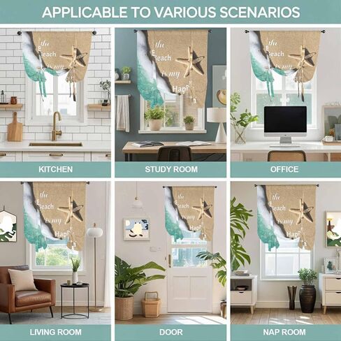 Blue Ocean Tie Up Curtains for Window, Beige Starfish Beach Sunshine Text Thermal Insulated Balloon Shade Adjustable Rod Pocket Curtains Valance Panels for Kitchen Bathroom Café 42'' x 45'' in Saudi Arabia