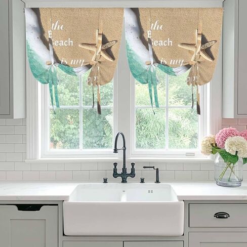 Blue Ocean Tie Up Curtains for Window, Beige Starfish Beach Sunshine Text Thermal Insulated Balloon Shade Adjustable Rod Pocket Curtains Valance Panels for Kitchen Bathroom Café 42'' x 45'' in Saudi Arabia