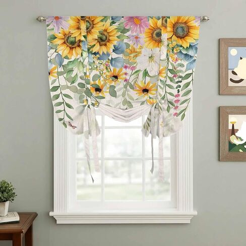 Sunflower Tie Up Curtains for Window, Rustic Summer Botanical Eucalyptus Leaf Thermal Insulated Balloon Shade Adjustable Rod Pocket Curtains Valance Panels for Kitchen Bathroom Café 34'' x 45'' in Saudi Arabia