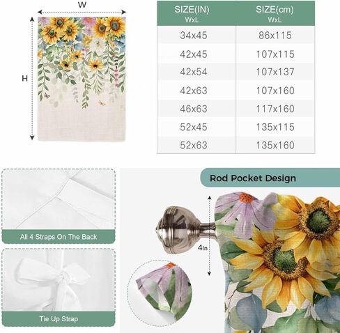 Sunflower Tie Up Curtains for Window, Rustic Summer Botanical Eucalyptus Leaf Thermal Insulated Balloon Shade Adjustable Rod Pocket Curtains Valance Panels for Kitchen Bathroom Café 34'' x 45'' in Saudi Arabia