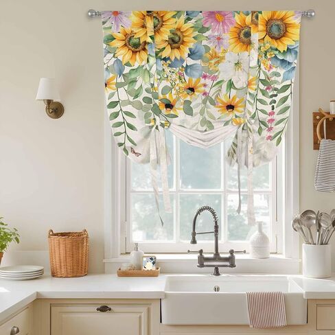 Sunflower Tie Up Curtains for Window, Rustic Summer Botanical Eucalyptus Leaf Thermal Insulated Balloon Shade Adjustable Rod Pocket Curtains Valance Panels for Kitchen Bathroom Café 34'' x 45'' in Saudi Arabia