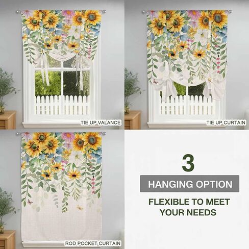 Sunflower Tie Up Curtains for Window, Rustic Summer Botanical Eucalyptus Leaf Thermal Insulated Balloon Shade Adjustable Rod Pocket Curtains Valance Panels for Kitchen Bathroom Café 34'' x 45'' in Saudi Arabia