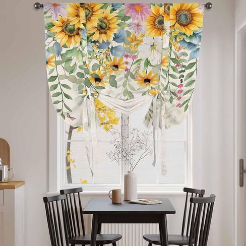 Sunflower Tie Up Curtains for Window, Rustic Summer Botanical Eucalyptus Leaf Thermal Insulated Balloon Shade Adjustable Rod Pocket Curtains Valance Panels for Kitchen Bathroom Café 34'' x 45'' in Saudi Arabia