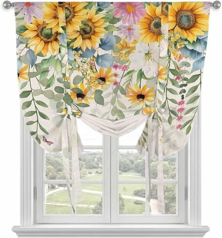 Sunflower Tie Up Curtains for Window, Rustic Summer Botanical Eucalyptus Leaf Thermal Insulated Balloon Shade Adjustable Rod Pocket Curtains Valance Panels for Kitchen Bathroom Café 34'' x 45'' in Saudi Arabia