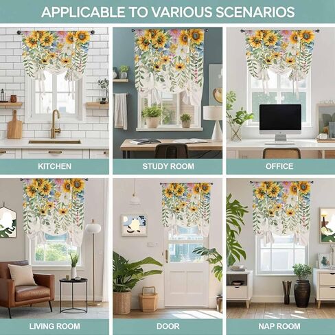 Sunflower Tie Up Curtains for Window, Rustic Summer Botanical Eucalyptus Leaf Thermal Insulated Balloon Shade Adjustable Rod Pocket Curtains Valance Panels for Kitchen Bathroom Café 34'' x 45'' in Saudi Arabia