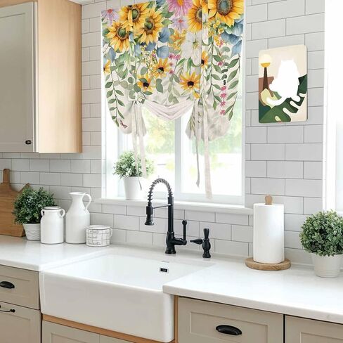 Sunflower Tie Up Curtains for Window, Rustic Summer Botanical Eucalyptus Leaf Thermal Insulated Balloon Shade Adjustable Rod Pocket Curtains Valance Panels for Kitchen Bathroom Café 34'' x 45'' in Saudi Arabia