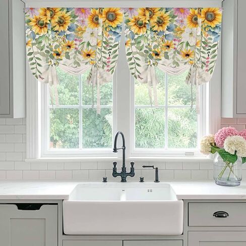 Sunflower Tie Up Curtains for Window, Rustic Summer Botanical Eucalyptus Leaf Thermal Insulated Balloon Shade Adjustable Rod Pocket Curtains Valance Panels for Kitchen Bathroom Café 34'' x 45'' in Saudi Arabia