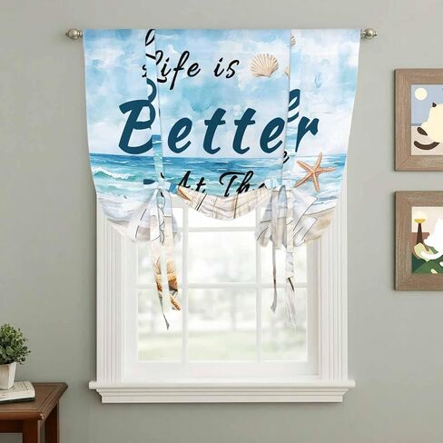 Summer Coastal Beach Tie Up Curtains for Window, Ocean Wave Starfish Shell Thermal Insulated Balloon Shade Adjustable Rod Pocket Curtains Valance Panels for Kitchen Bathroom Café 42'' x 63'' in Saudi Arabia
