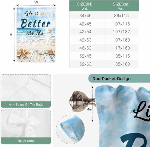 Summer Coastal Beach Tie Up Curtains for Window, Ocean Wave Starfish Shell Thermal Insulated Balloon Shade Adjustable Rod Pocket Curtains Valance Panels for Kitchen Bathroom Café 42'' x 63'' in Saudi Arabia