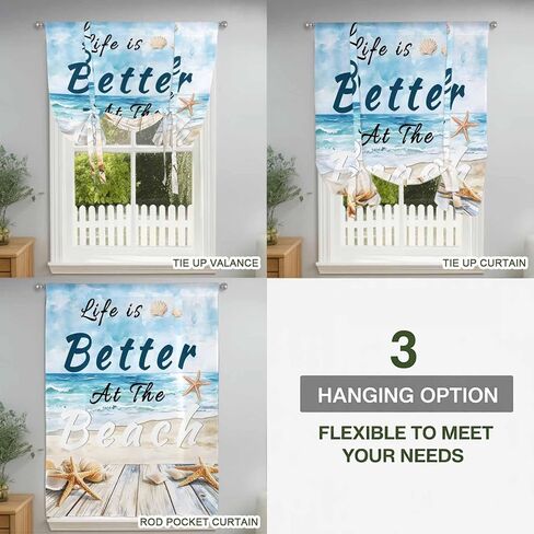 Summer Coastal Beach Tie Up Curtains for Window, Ocean Wave Starfish Shell Thermal Insulated Balloon Shade Adjustable Rod Pocket Curtains Valance Panels for Kitchen Bathroom Café 42'' x 63'' in Saudi Arabia