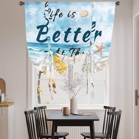 Summer Coastal Beach Tie Up Curtains for Window, Ocean Wave Starfish Shell Thermal Insulated Balloon Shade Adjustable Rod Pocket Curtains Valance Panels for Kitchen Bathroom Café 42'' x 63'' in Saudi Arabia