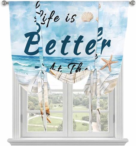 Summer Coastal Beach Tie Up Curtains for Window, Ocean Wave Starfish Shell Thermal Insulated Balloon Shade Adjustable Rod Pocket Curtains Valance Panels for Kitchen Bathroom Café 42'' x 63'' in Saudi Arabia