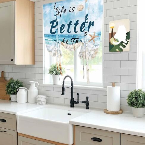 Summer Coastal Beach Tie Up Curtains for Window, Ocean Wave Starfish Shell Thermal Insulated Balloon Shade Adjustable Rod Pocket Curtains Valance Panels for Kitchen Bathroom Café 42'' x 63'' in Saudi Arabia