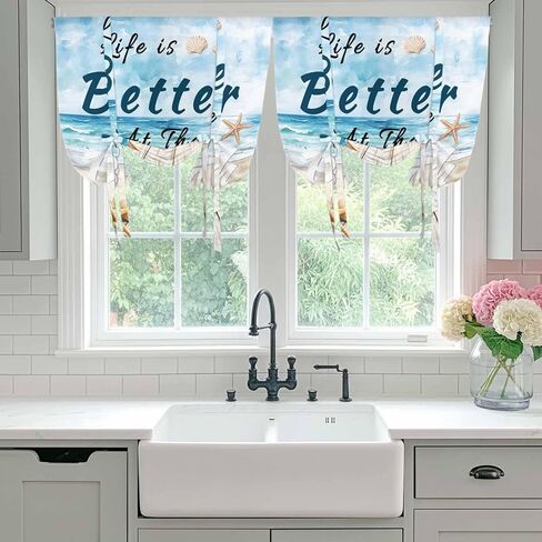 Summer Coastal Beach Tie Up Curtains for Window, Ocean Wave Starfish Shell Thermal Insulated Balloon Shade Adjustable Rod Pocket Curtains Valance Panels for Kitchen Bathroom Café 42'' x 63'' in Saudi Arabia